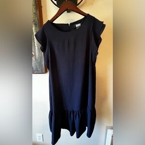 DKNY Womens Dark Blue Button Flutter Sleeve Short Tent Dress With Ruffle 8